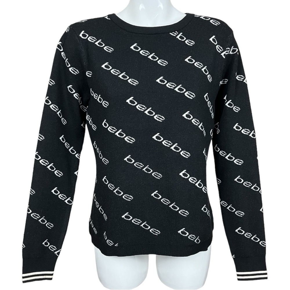 Bebe Black and White All Over Logo Print Crew Neck Fitted Sweater Size XL